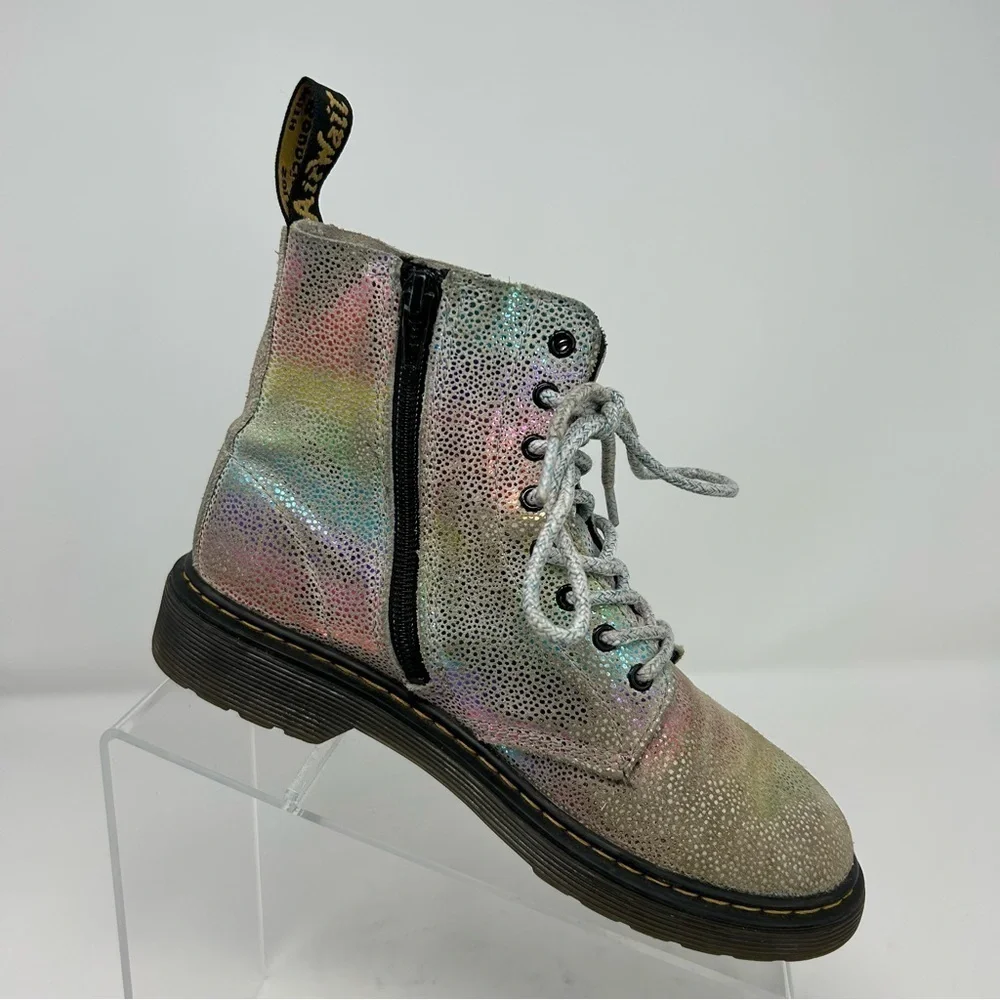 Dr. Martens Pascal White Metallic Rainbow Glitter Lace Up Kids Boots Size 3